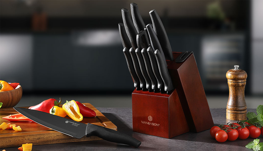 Wanbasion 15Pcs Kitchen Knife Block Set with Sharpener