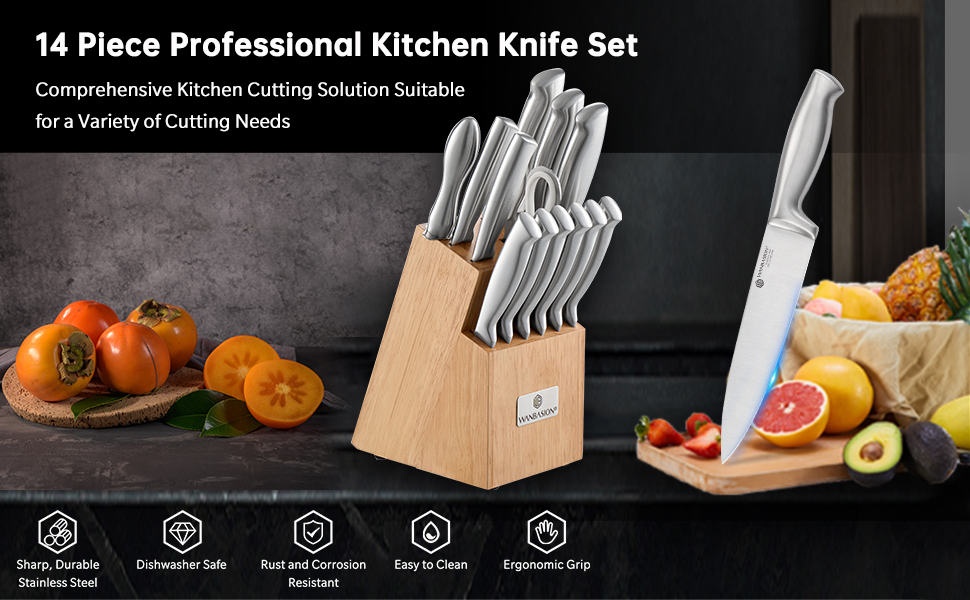Wanbasion 14Pcs Kitchen Knife Block Set with Sharpener Ergonomic Full-Tang Handle Stainless Steel Knife Set