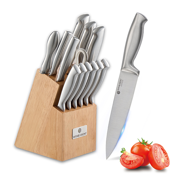 Wanbasion 14Pcs Kitchen Knife Block Set with Sharpener Ergonomic Full-Tang Handle Stainless Steel Knife Set