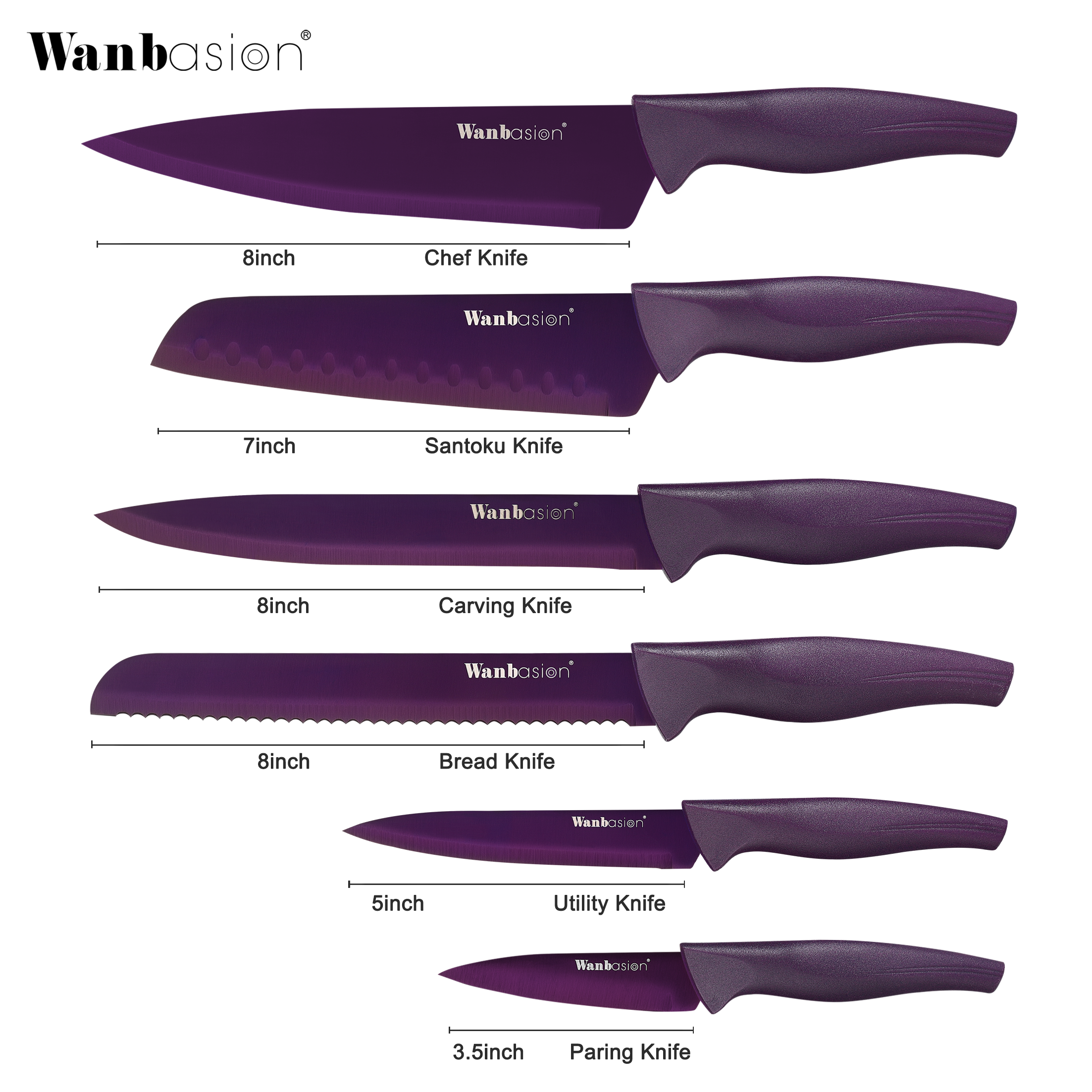 Wanbasion Purple Kitchen Knife Set, Stainless Steel Kitchen Knife Set