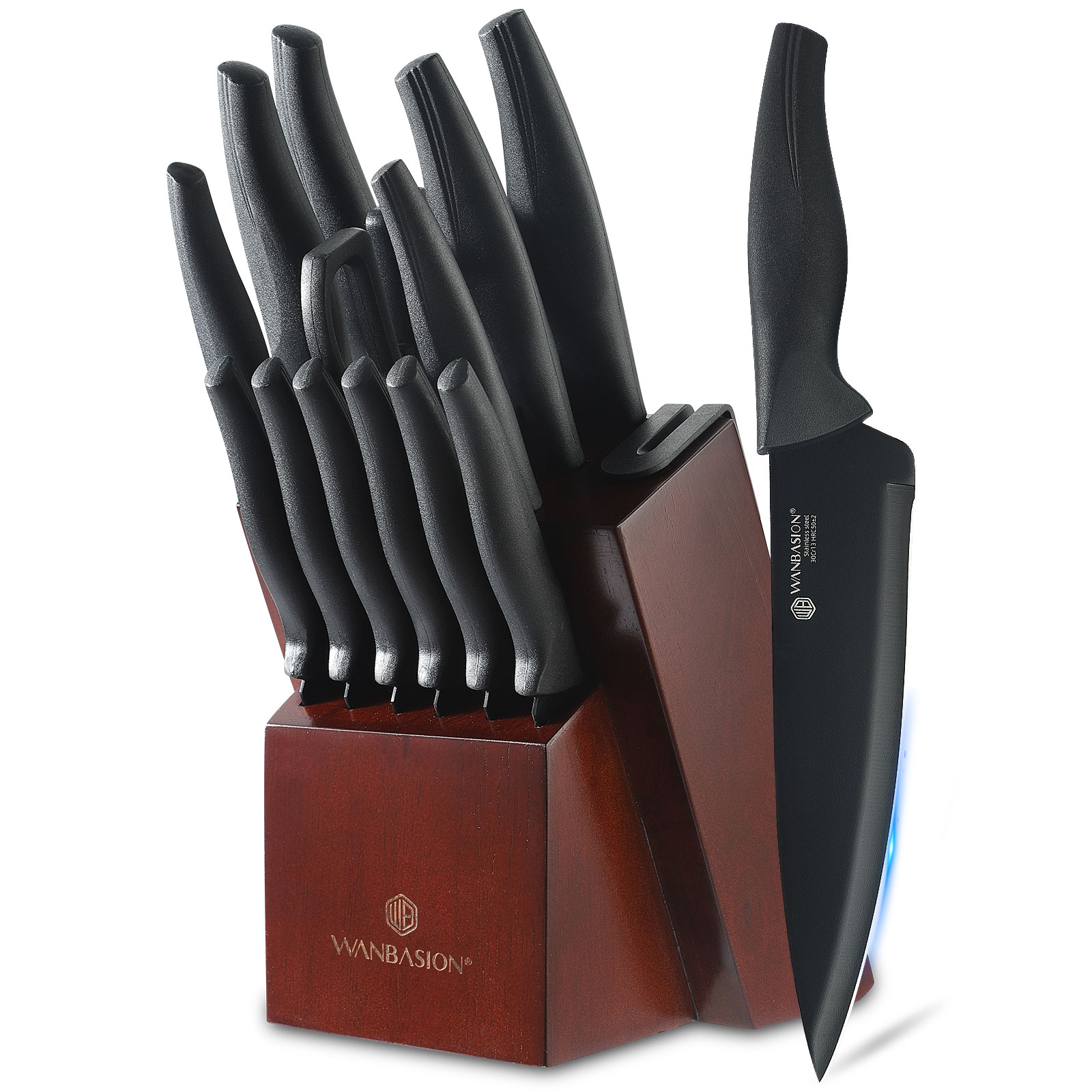 Wanbasion 15Pcs Kitchen Knife Block Set with Sharpener, Stainless Steel Knife Set with Block Dishwasher Safe Black