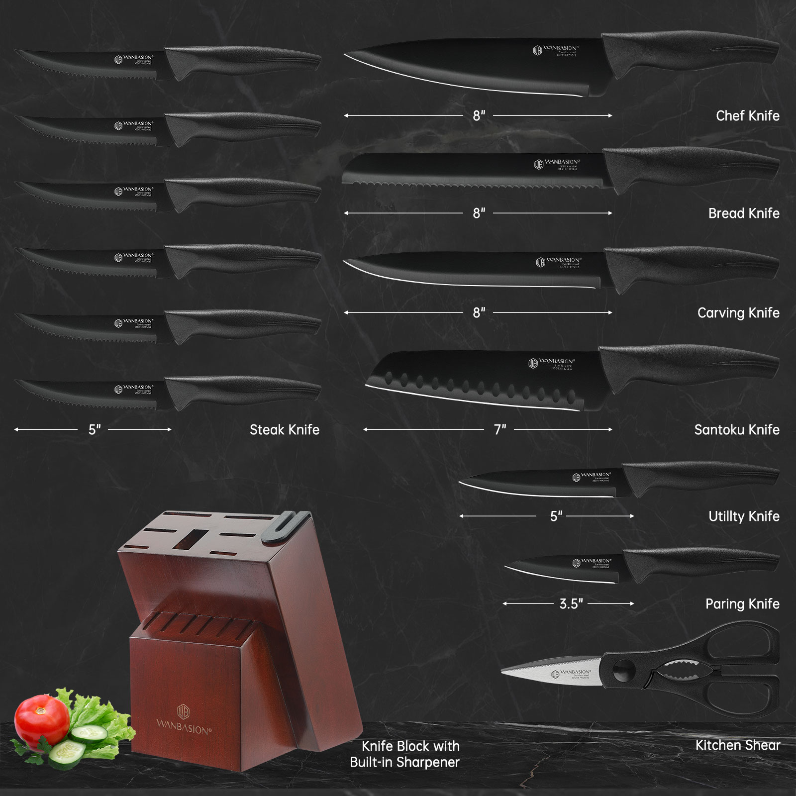 Wanbasion 15Pcs Kitchen Knife Block Set with Sharpener, Stainless Steel Knife Set with Block Dishwasher Safe Black