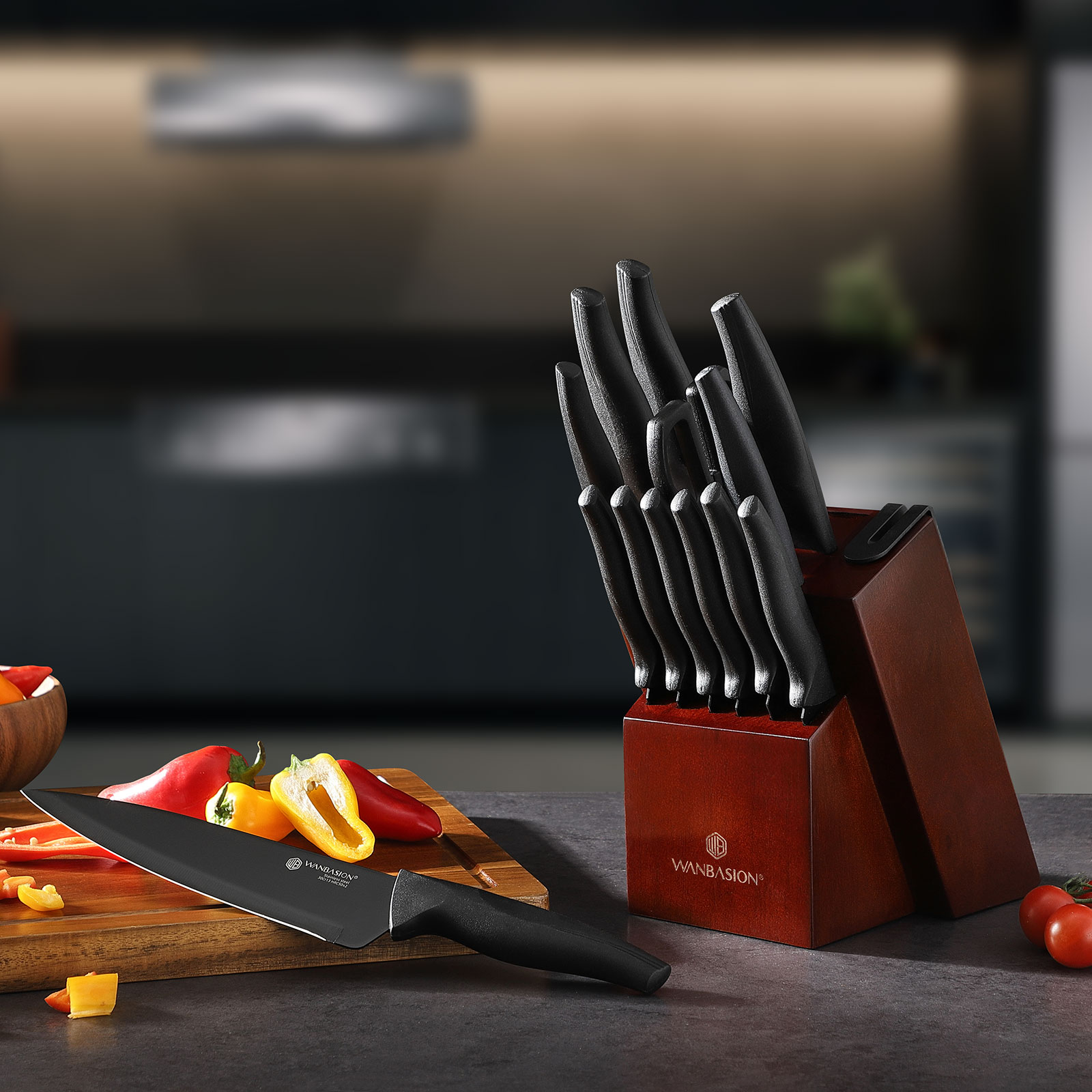 Wanbasion 15Pcs Kitchen Knife Block Set with Sharpener, Stainless Steel Knife Set with Block Dishwasher Safe Black