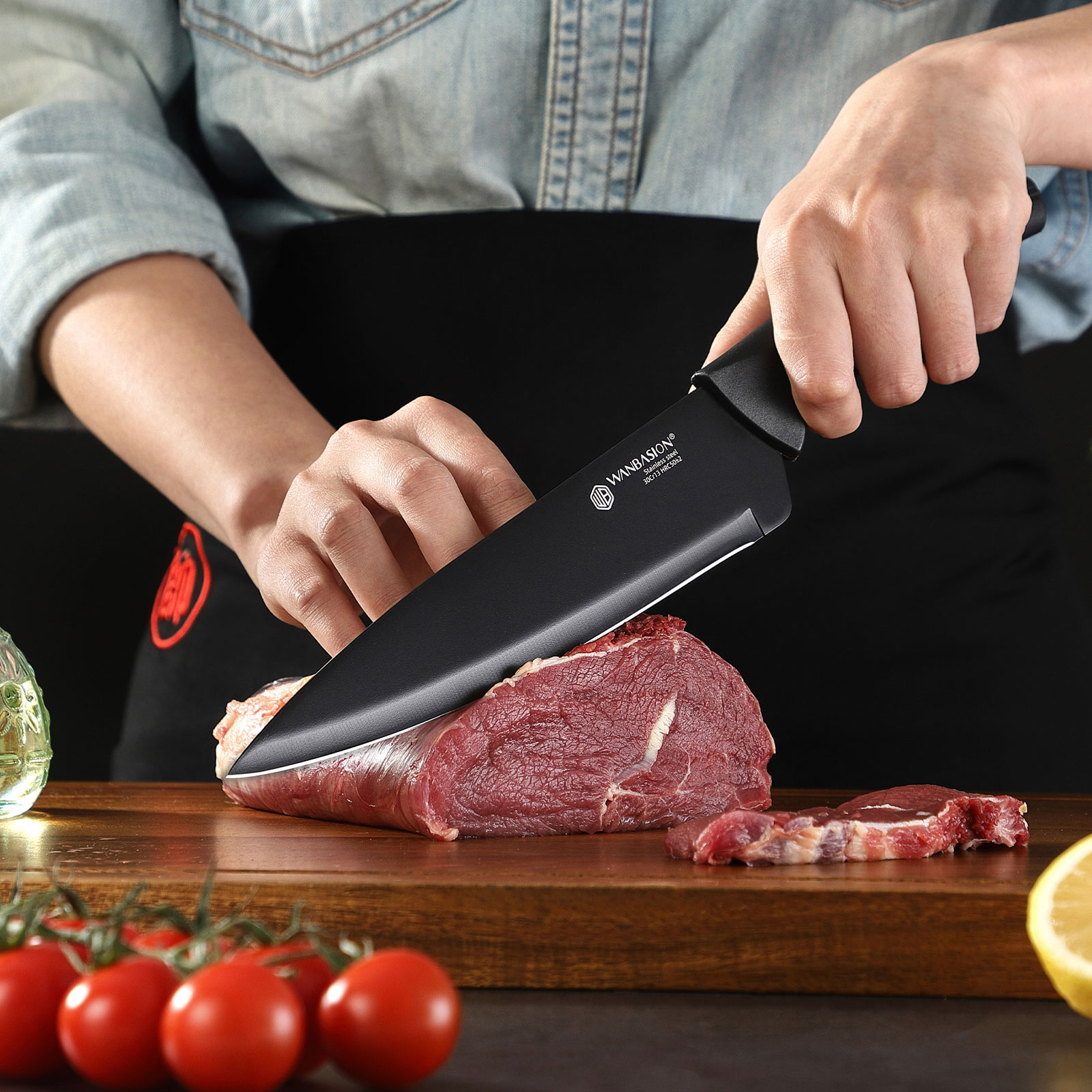 Wanbasion 15Pcs Kitchen Knife Block Set with Sharpener, Stainless Steel Knife Set with Block Dishwasher Safe Black