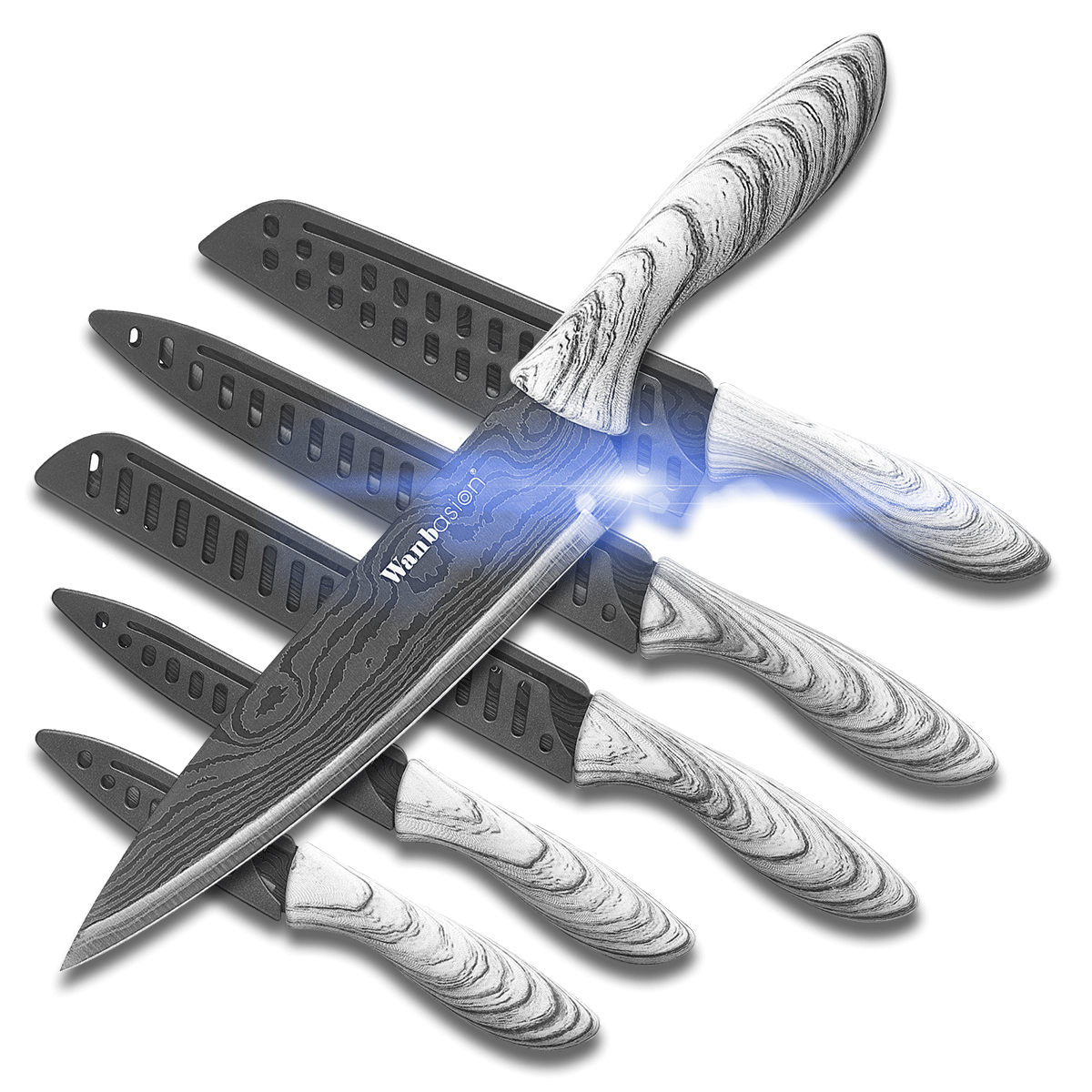 Wanbasion Marble attern Kitchen Knife Set, Stainless Steel Kitchen Knife Set with Damascus Style