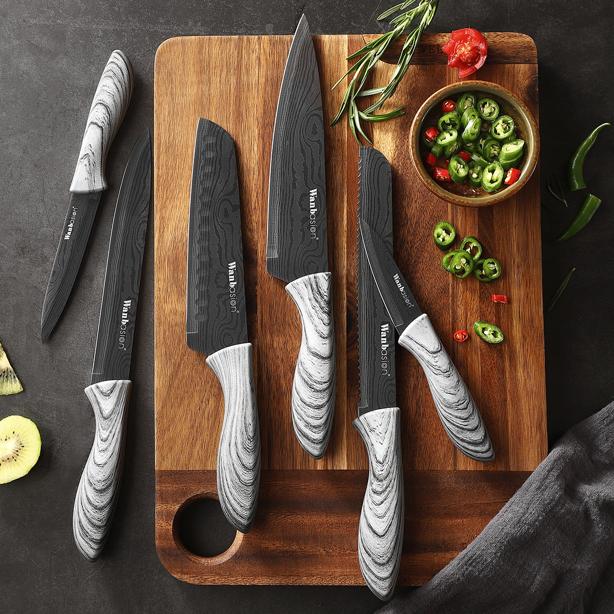 Wanbasion Marble attern Kitchen Knife Set, Stainless Steel Kitchen Knife Set with Damascus Style
