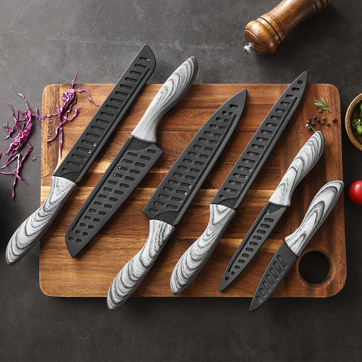 Wanbasion Marble attern Kitchen Knife Set, Stainless Steel Kitchen Knife Set with Damascus Style