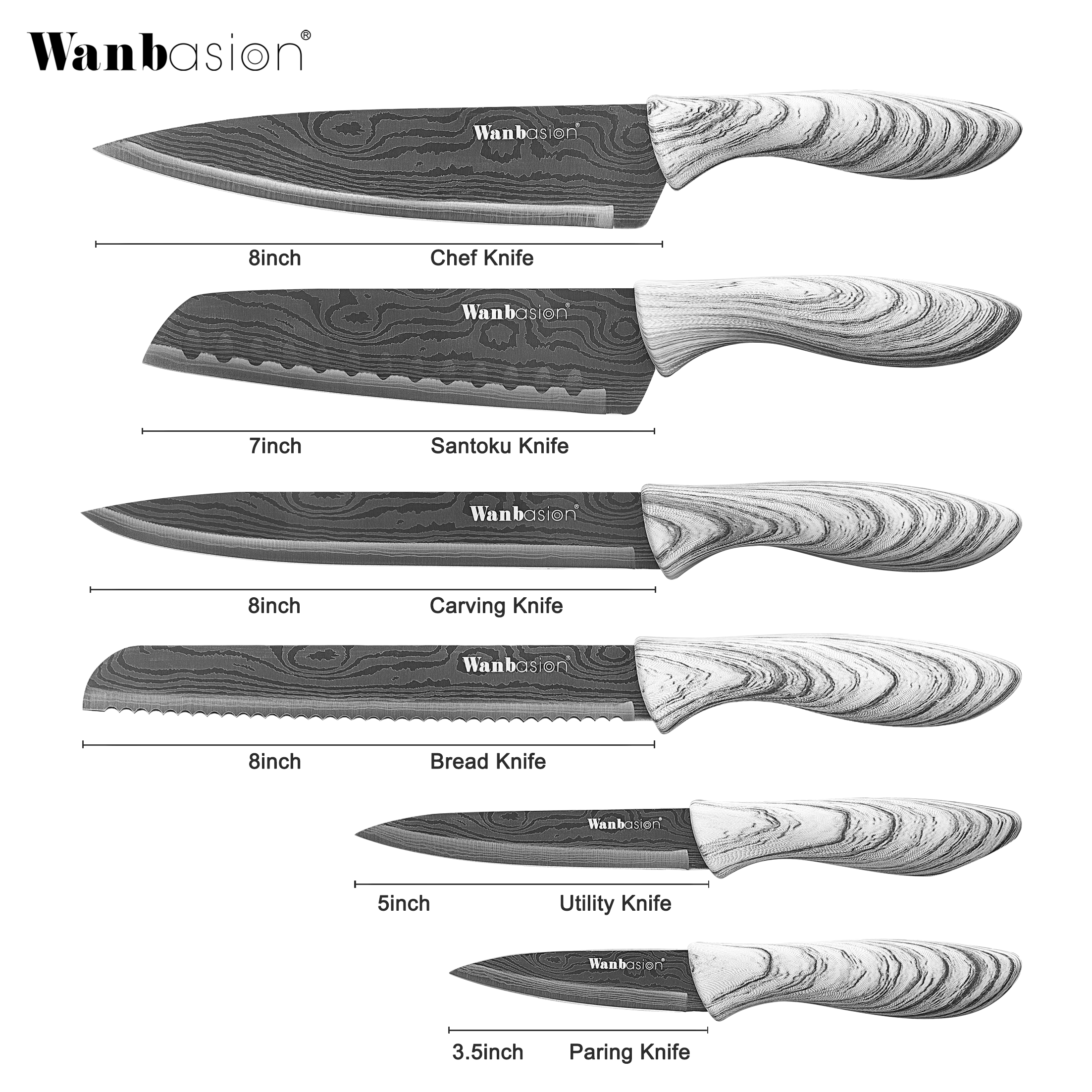 Wanbasion Marble attern Kitchen Knife Set, Stainless Steel Kitchen Knife Set with Damascus Style